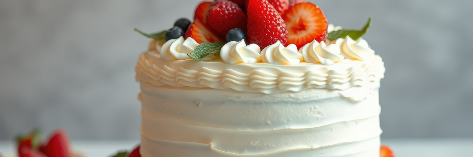 Celebratory cake topped with fresh strawberries and blueberries at a modern kitchen setting